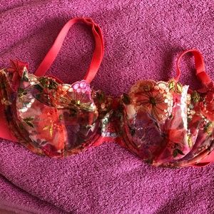 Chantelle Floral Embroidered Bra - Red and Pink